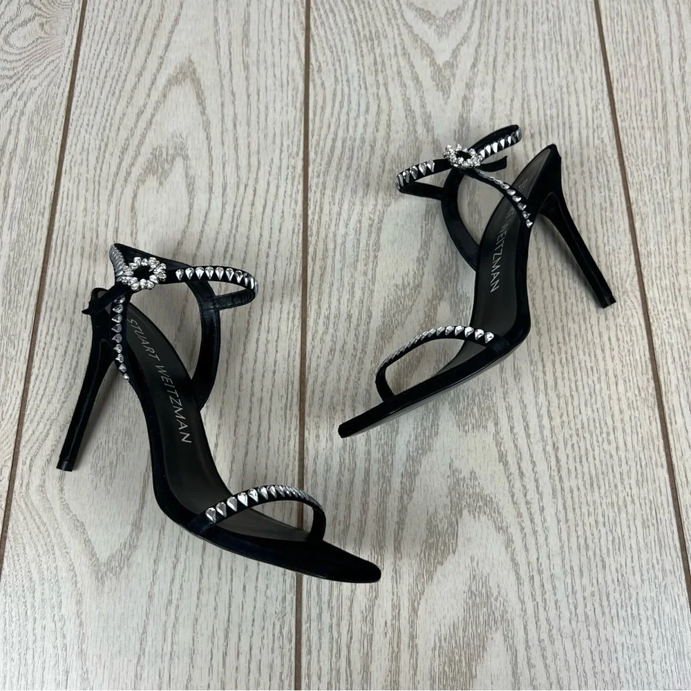 Stuart Weitzman Gemcut 100 Swarovski Crystal Sandals 39/8.5B Black Suede $650 - Picture 5 of 11